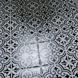 The floor of a WC with black and white patterned tiles